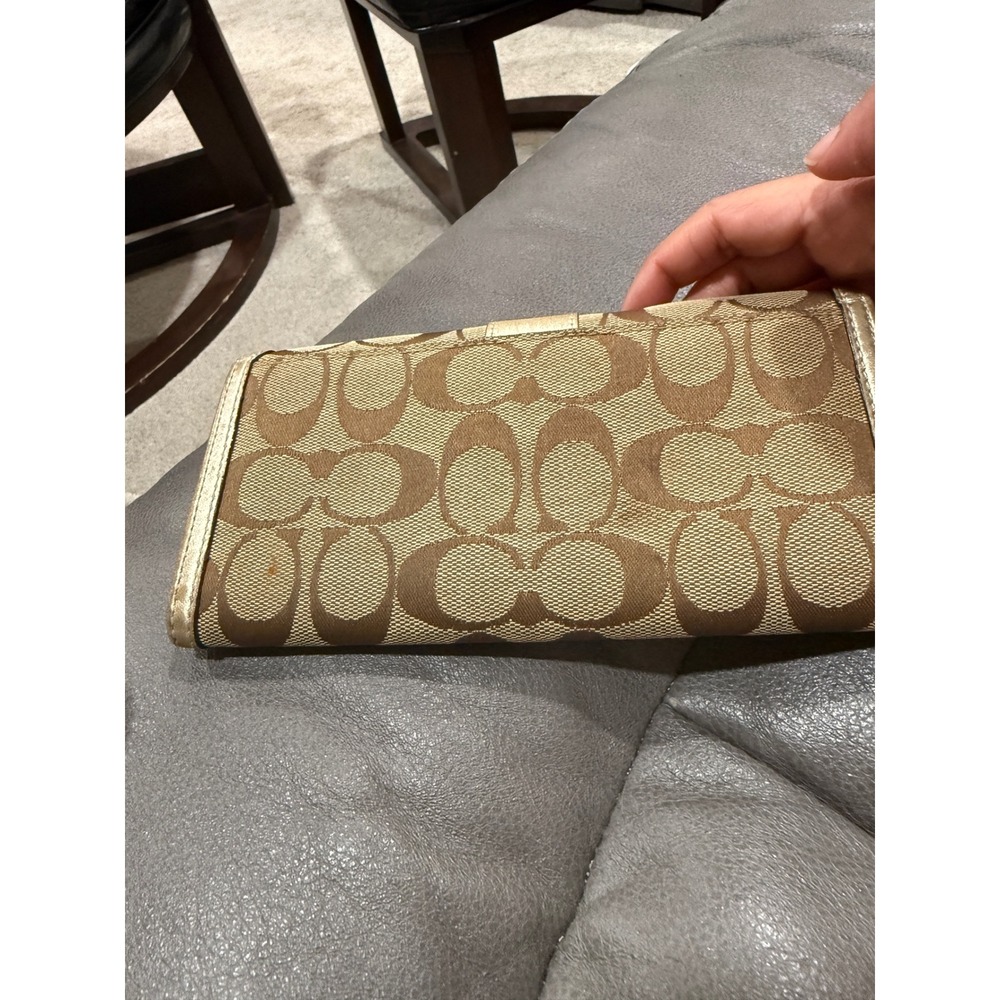 Coach Signature C Monogram Canvas Long Tri-Fold Wallet Metallic Gold Leather - Picture 11 of 13
